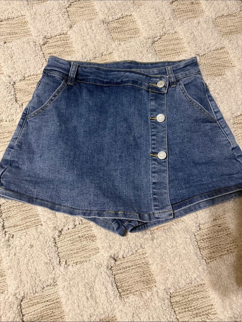 High-Rise Denim Skort Shorts in Medium Blue with Front Buttons